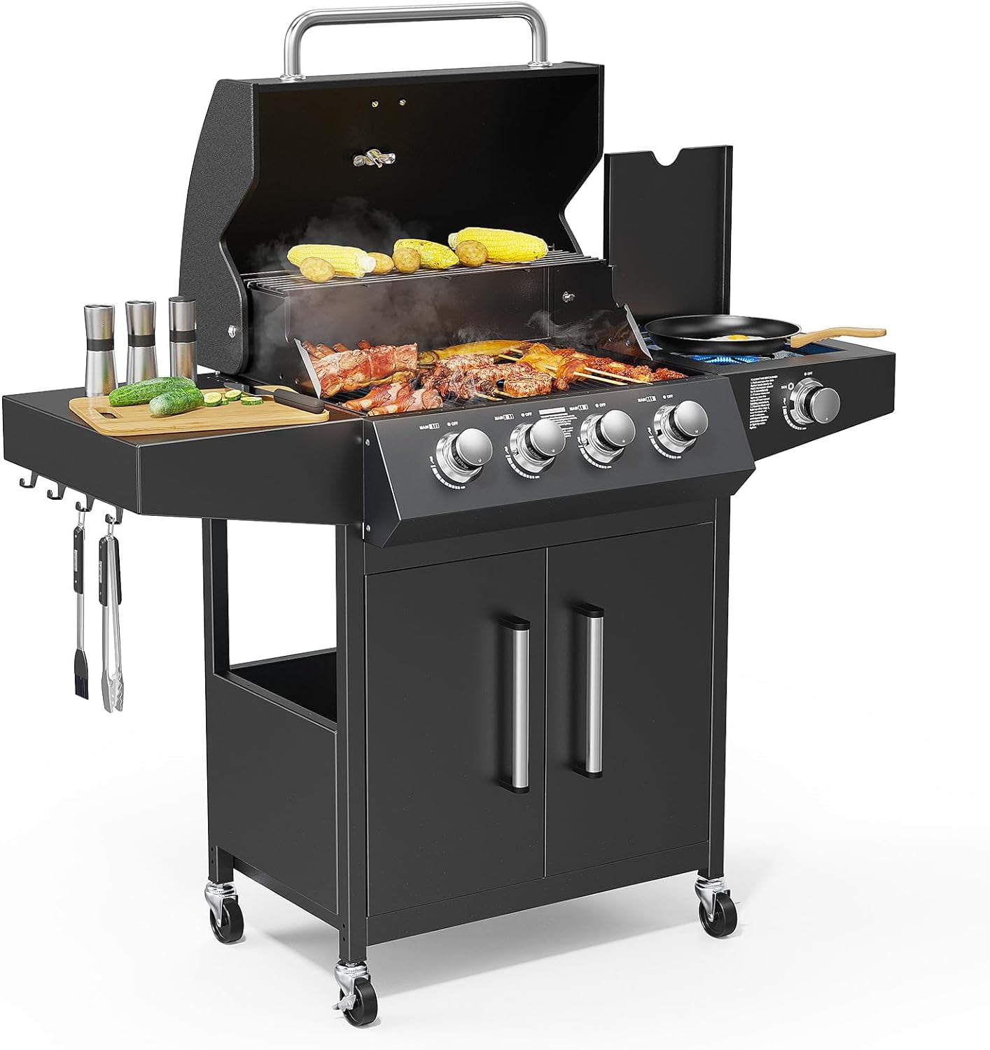 Stainless Steel 4-Burner Propane Gas Grill with Side Burner