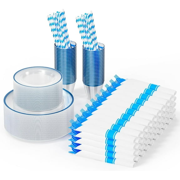 ROVSUN 400 Piece Blue Disposable Dinnerware Set for 50 Guests, Elegant Clear Plastic Plates, Include 50 Pre-Rolled Napkins,Silverware, Dinner & Dessert Plates,Cups,Straws for Party Birthday