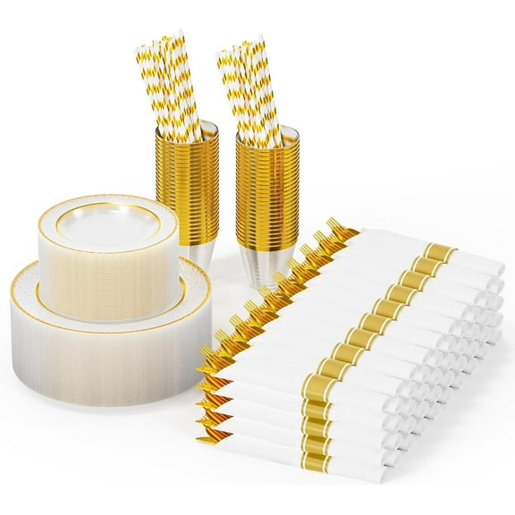 ROVSUN 400 Piece Blue Disposable Dinnerware Set for 50 Guests, Elegant Clear Plastic Plates, Include 50 Pre-Rolled Napkins,Silverware, Dinner & Dessert Plates,Cups,Straws for Party Birthday