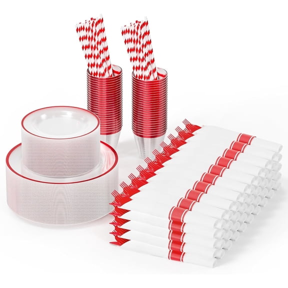 ROVSUN 400 Piece Red Disposable Dinnerware Set for 50 Guests, Elegant Clear Plastic Plates, Include 50 Pre-Rolled Napkins,Silverware, Dinner & Dessert Plates,Cups,Straws for Party Birthday