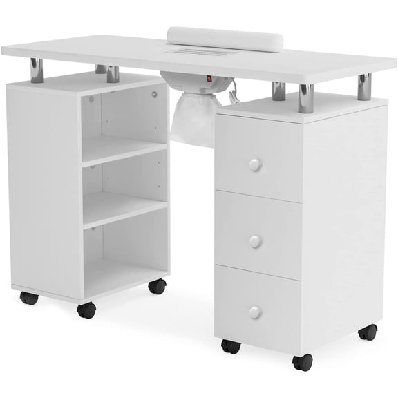 ROVSUN 42-Inch Manicure Table Nail Desk for Nail Tech with Electric Dust Collector, 3 Drawers, Storage Shelves, Lockable Wheels and Wrist Cushion, White