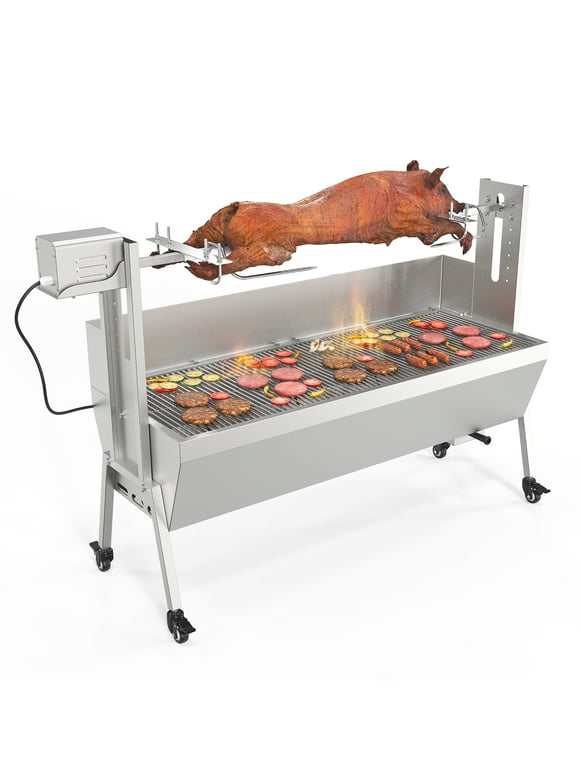 ROVSUN 46" Electric Rotisserie Grill 176 Lbs Capacity, Pig Lamb Spit Roaster Rotisserie w/Lockable Wheels Wind Baffle Adjustable Height, BBQ Charcoal Rotisserie Grill Kit for Outdoor Party Camping