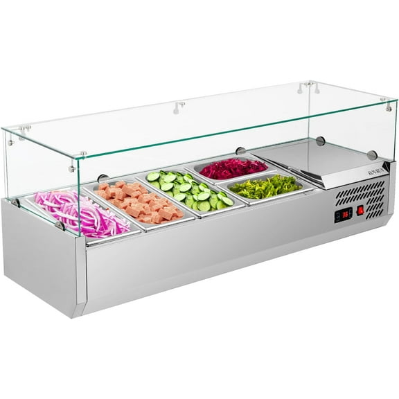 ROVSUN 47" Refrigerated Condiment Prep Station Sandwich Prep Table, 25.1QT Salad Bar Prep Table with Auto Defrost Temperature Control Glass Shield 3 * 1/3 Pan & 2 * 1/4 Pan for Restaurant Food Truck