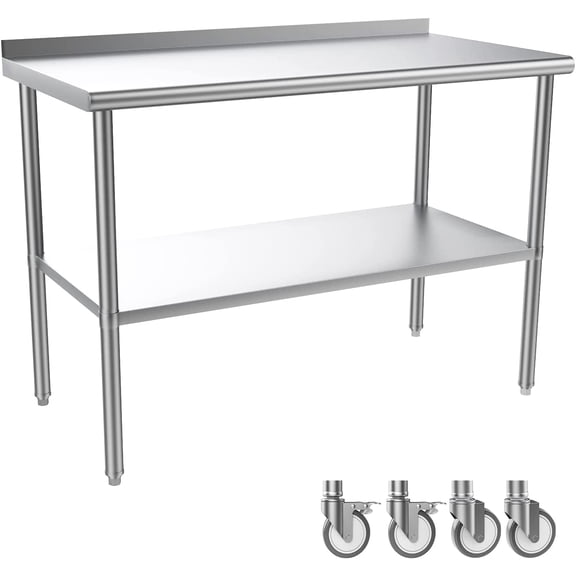 ROVSUN 48'' x 24'' Stainless Steel Table for Prep with Backsplash & Wheels