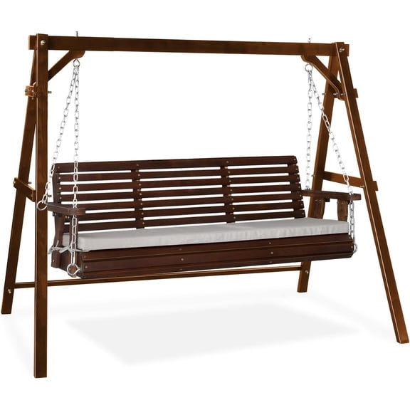 ROVSUN 5 FT Outdoor Porch Swing with Frame, Patio Hanging Swing, 880 LBS with Cushions, for Yard, Garden and Pool, Rustic