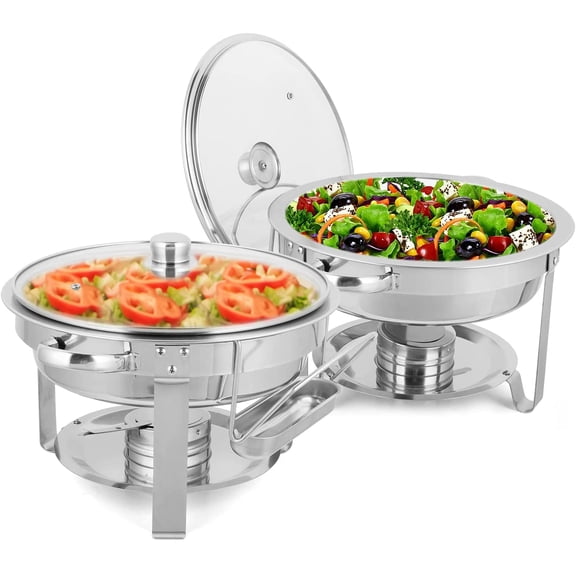ROVSUN 5 Qt 2 Pack Round Chafing Dish Buffet Set with Glass Lid & Lid Holder