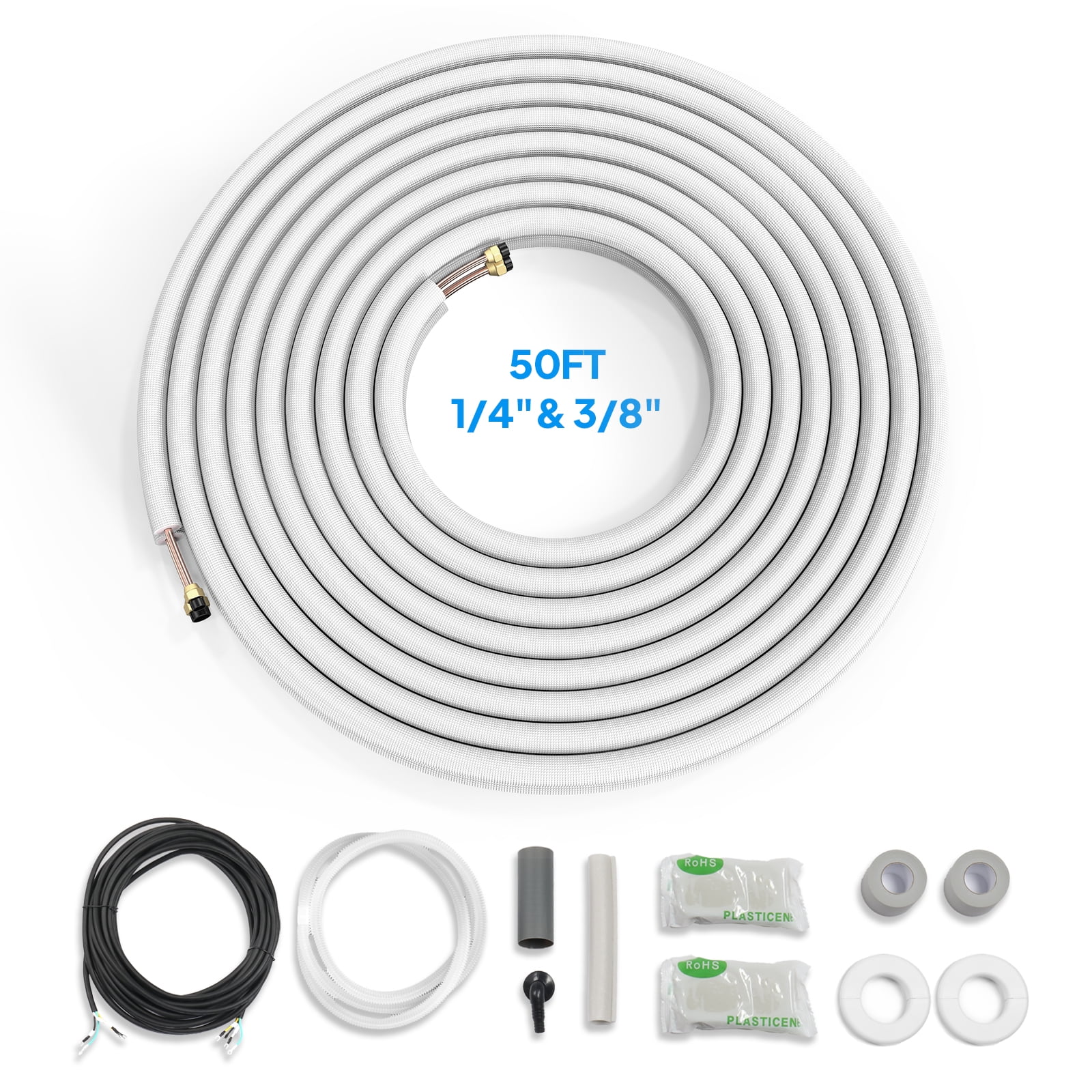 VINGLI 50 Ft Mini Split Line Set, 1/4" & 3/8" O.D. Flared Copper Tubing Pipes and 3/8" Thickened PE Insulated Coil with Nuts & Kit for Mini Split Air Conditioner & Heat Pump System