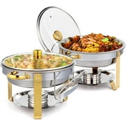 ROVSUN 5QT 4 Packs Chafing Dish Buffet Set Gold Accent, NSF Round Stainless Steel Buffet Warmer Chafers and Buffet Warmers Sets with Glass Lid & Lid Holder for Catering Events Parties Weddings Dinners