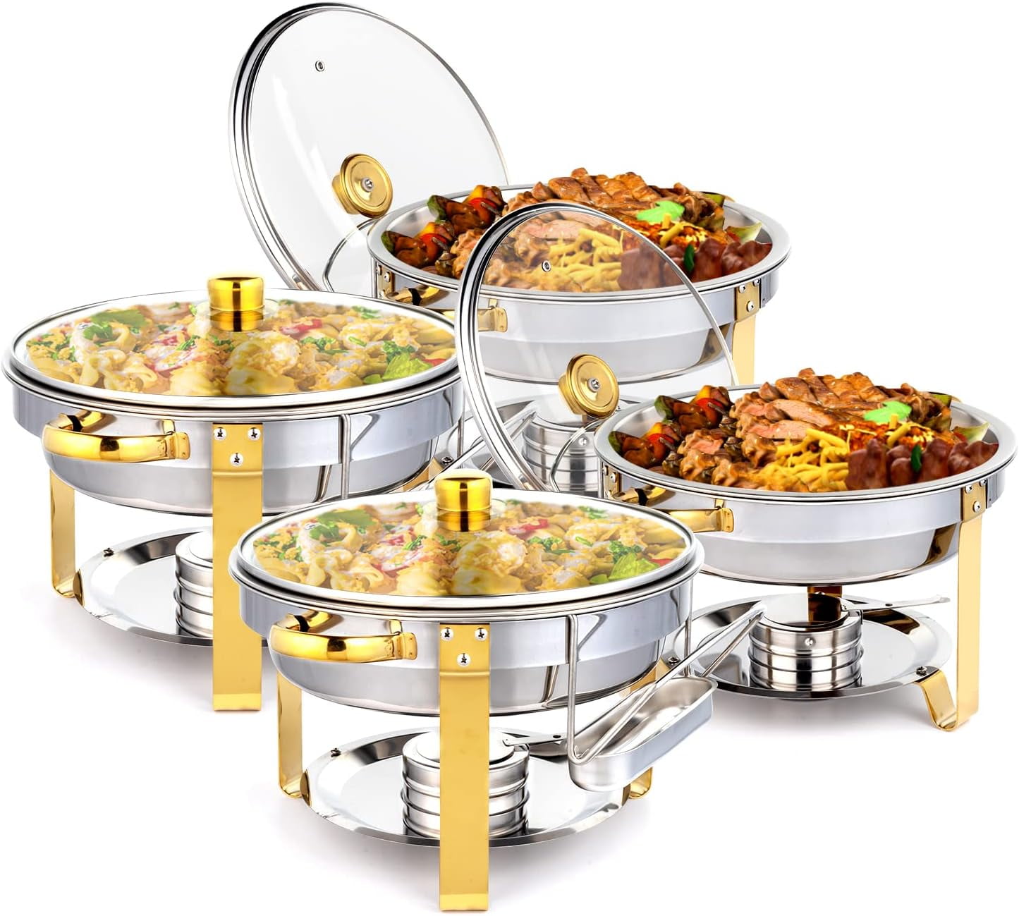 ROVSUN 5QT 4 Packs Chafing Dish Buffet Set Gold Accent,Round Stainless
