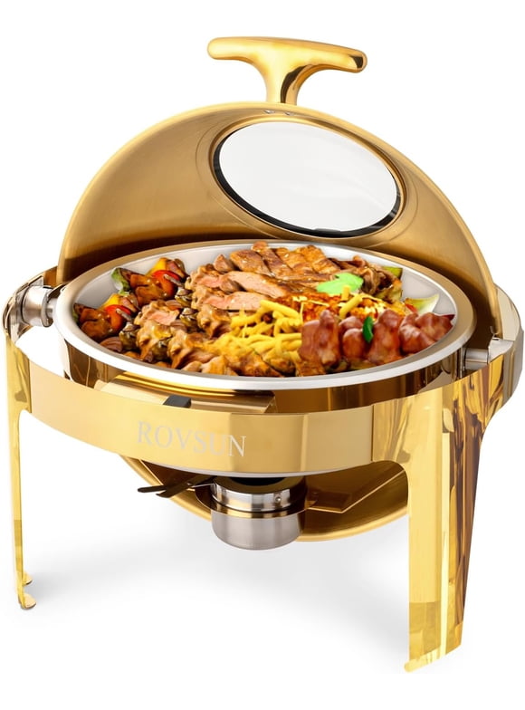 ROVSUN 6 QT Round Chafing Dish Buffet Set, Roll Top Stainless Steel Buffet Warmer Chafers and Buffet Warmers Sets with Thick Frame for Catering Events Parties Weddings Dinners,Gold