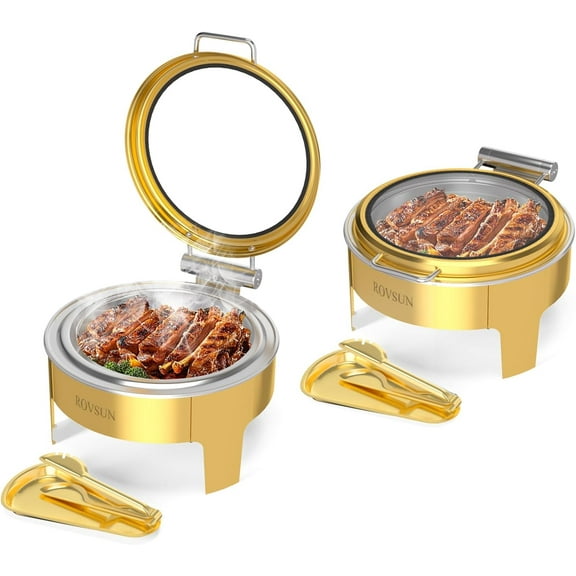 ROVSUN 6QT 2 Pack Gold Chafing Dishes for Buffet, Roll Top Chafing Dish Buffet Set, Round Chafers and Buffet Warmers Sets with Glass Lid & Serving Tong for Parties Weddings Catering Events Dinners