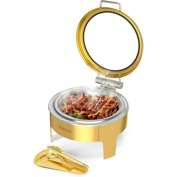 ROVSUN 6QT Gold Chafing Dishes for Buffet, Roll Top Chafing Dish Buffet Set, Round Chafers and Buffet Warmers Sets with Glass Lid & Serving Tong for Parties Weddings Catering Events Dinners