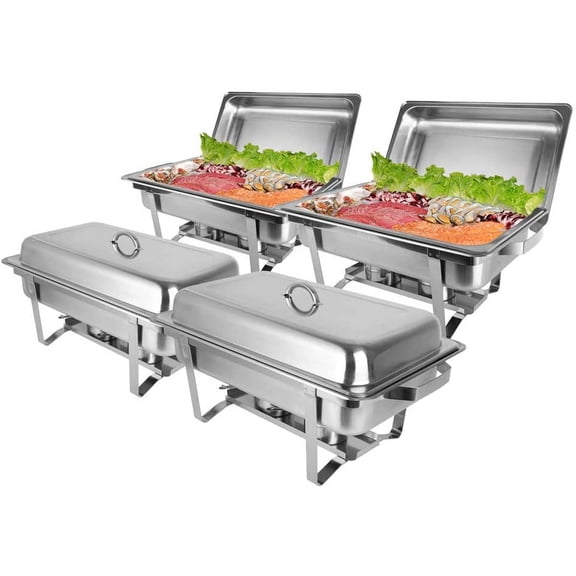 ROVSUN 8 Qt 4Pack Full Size Stainless Steel Chafing Dishes Buffet Set, Silver Rectangular Catering Chafer Warmer Set with Trays Pan Lid Folding Frame for Kitchen Party Banquet Dining