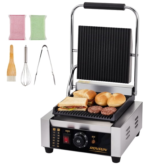 ROVSUN 811 Commercial Panini Press Grill, 2200W Stainless Steel Electric Countertop Sandwich Maker with Adjustable Temp 122F572F, For Steak, Burgers, Home & Restaurant Use, 110V, Silver