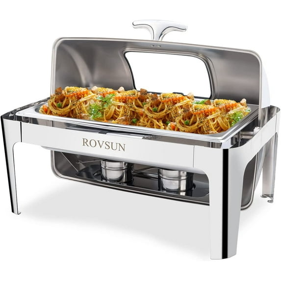 ROVSUN 9 Quart Roll Top Chafing Dish Buffet Set with Glass Window,2 Half Size