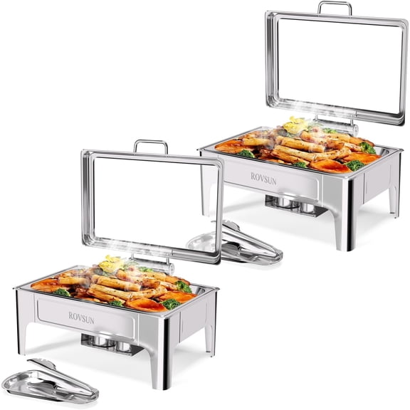 ROVSUN 9QT Roll Top Chafing Dishes for Buffet, Chafing Dish Buffet Set, Rectangular Stainless Steel Chafers and Buffet Warmers Sets with Glass Lid & Serving Tong for Parties Weddings Catering Events