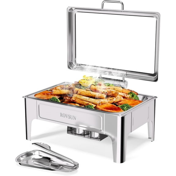 ROVSUN 9QT Roll Top Chafing Dishes for Buffet, Chafing Dish Buffet Set, Rectangular Stainless Steel Chafers and Buffet Warmers Sets with Glass Lid & Serving Tong for Parties Weddings Catering Events