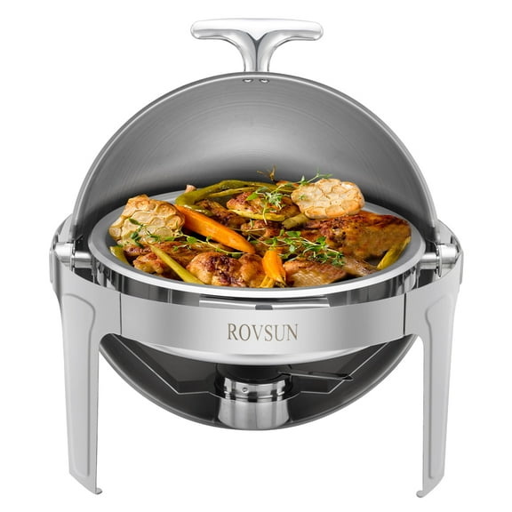 ROVSUN Chafing Dish Buffet Set,6 Quart Roll Top Stainless Steel Chafer, Round Set with Food Pan, Water Pan and Fuel Holders, for Wedding, Parties, Banquet, Catering Events