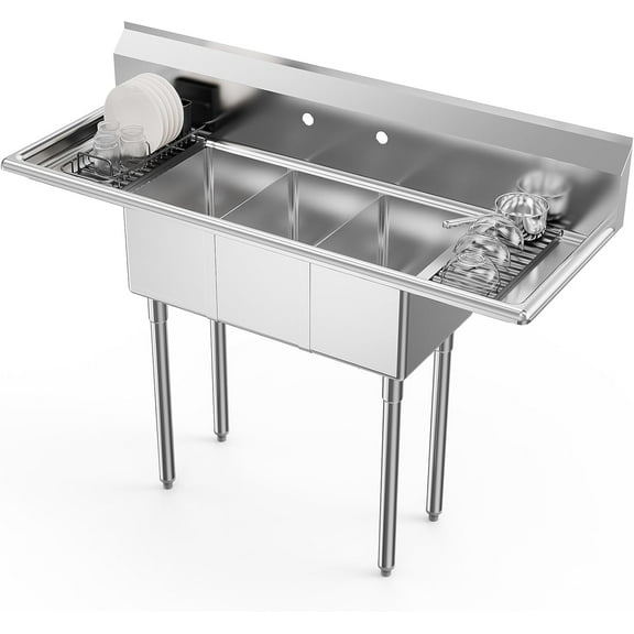 ROVSUN Commercial Sink, Stainless Steel Sink with 3 Compartment and 2 Sides Drain Rack, 20" x 54" x 43.5" Freestanding Utility Sink, Great for Restaurant Kitchen Laundry Room Garage Sunroom