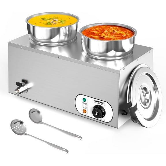 ROVSUN Commercial Soup Warmer 15QT, Electric Food Warmer Steam Table Countertop Bain Marie with Dual 7.4QT Pots, 86~185°F Adjustable Temperature, Lid and Tap for Buffet Restaurant 1200W