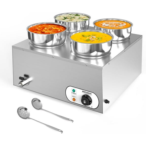 ROVSUN Commercial Soup Warmer 30QT, Electric Food Warmer Steam Table Countertop Bain Marie with Four 7.4QT Pots, 86~185°F Adjustable Temperature, Lid and Tap for Buffet Restaurant 1500W