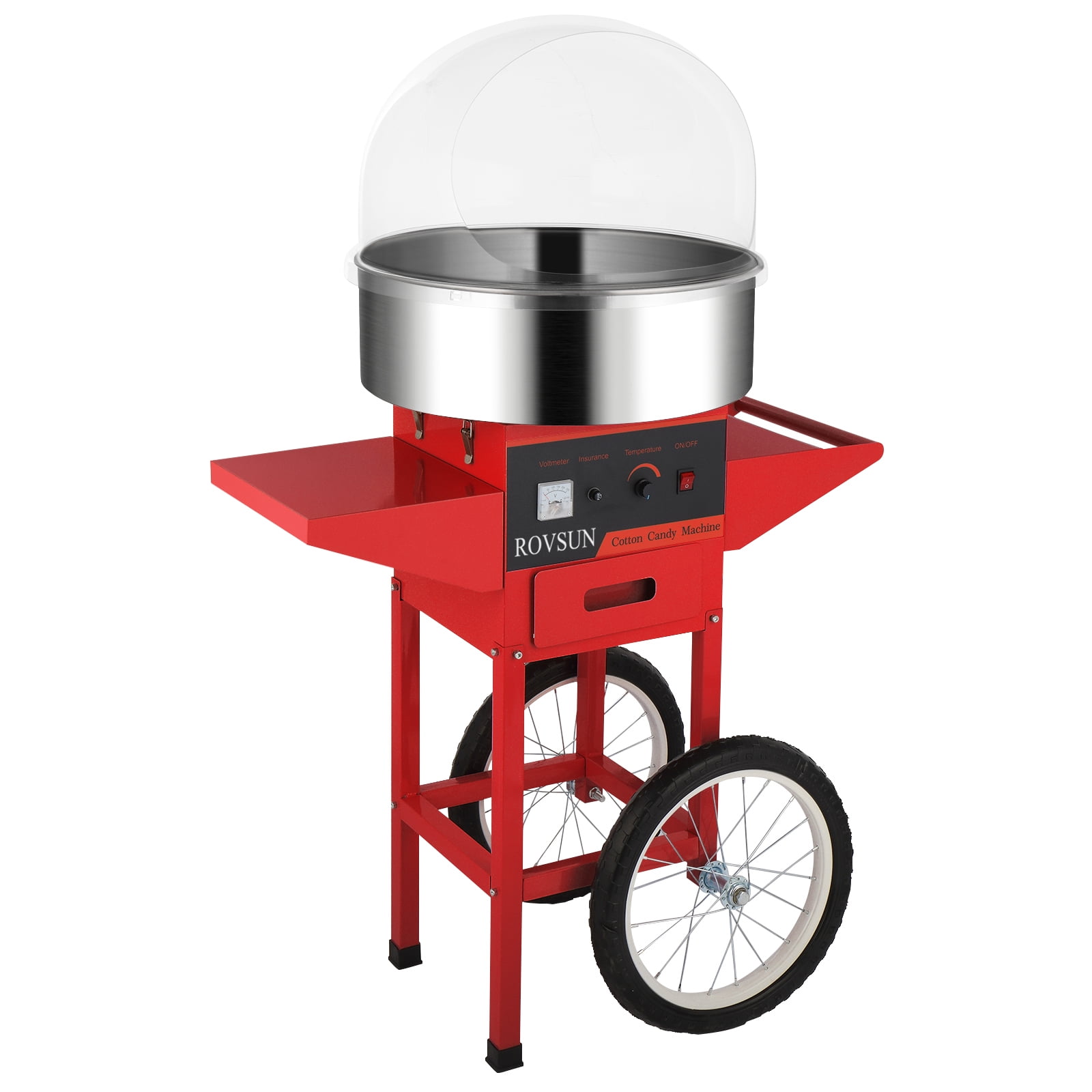 ROVSUN Cotton Candy Machine with Cart Stainless Steel, 21 Inch Electric Cotton Candy Maker Candy Floss Maker w/Cover Sugar Scoop and Large Storage Drawer for Commercial Home Party Carnival, Red