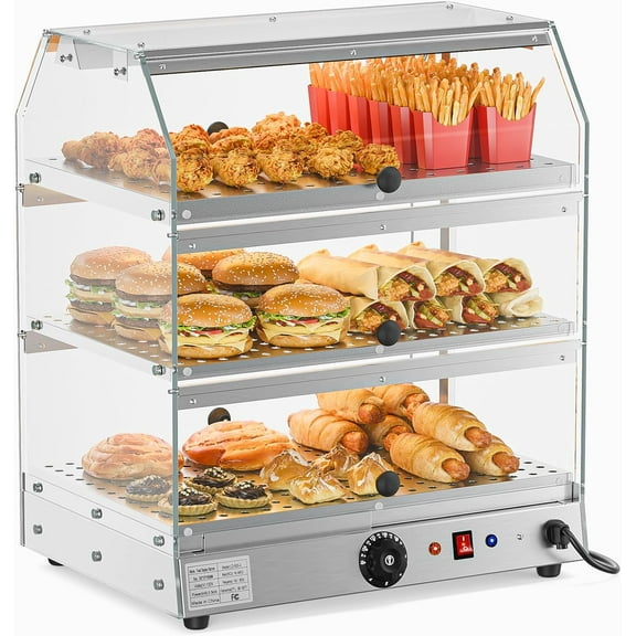 ROVSUN Food Warmer Pizza Warmer Countertop, Food Warmer Display Pretzel Warmer with LED Lighting Front and Rear Doors, Electric Catering Hot Box Acrylic for Buffet Restaurant Cafe