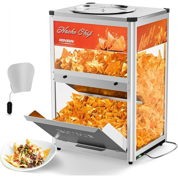 ROVSUN Nacho Chip Warmer, Nacho Machine Food Warmer Display Case Countertop with Warming Light Glass Door Scoop Removable Deflection for Chips Peanuts Popcorn Stainless Steel