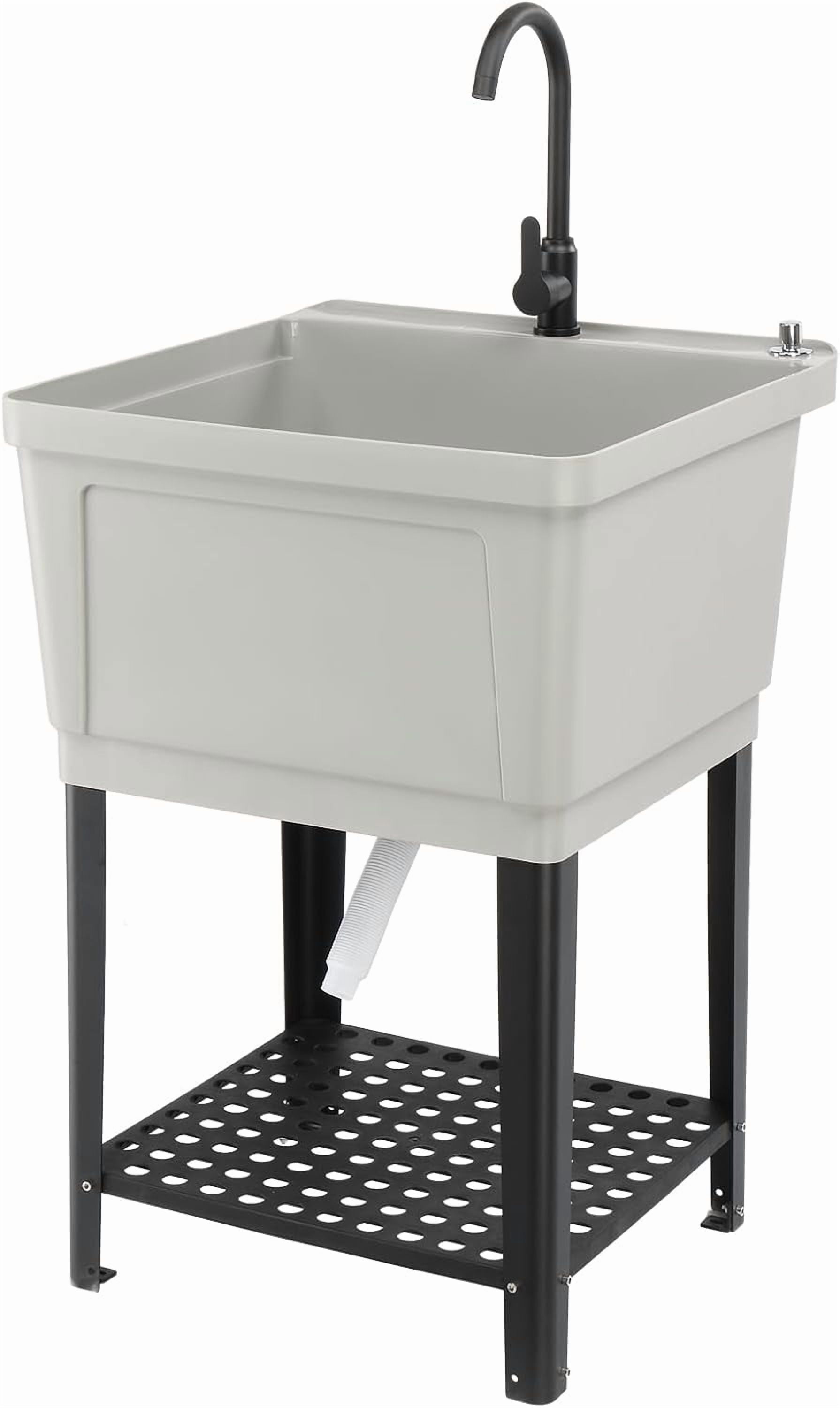 ROVSUN Plastic Utility Sink, Freestanding Sink with Hot&Cold Faucet, Soap Dispenser, Drain Plug and Iron Legs with Storage shelf, Perfect for Basement, Laundry Room, Garage (Grey)