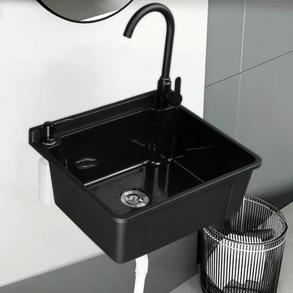 ROVSUN Plastic Wall-Mounted Utility Sink, Wall-Mounted Utility Tub with Wall Bracket, Hot&Cold Faucet, Drain Plug, Perfect for Basement, Laundry Room, Garage or Shop and More, Black