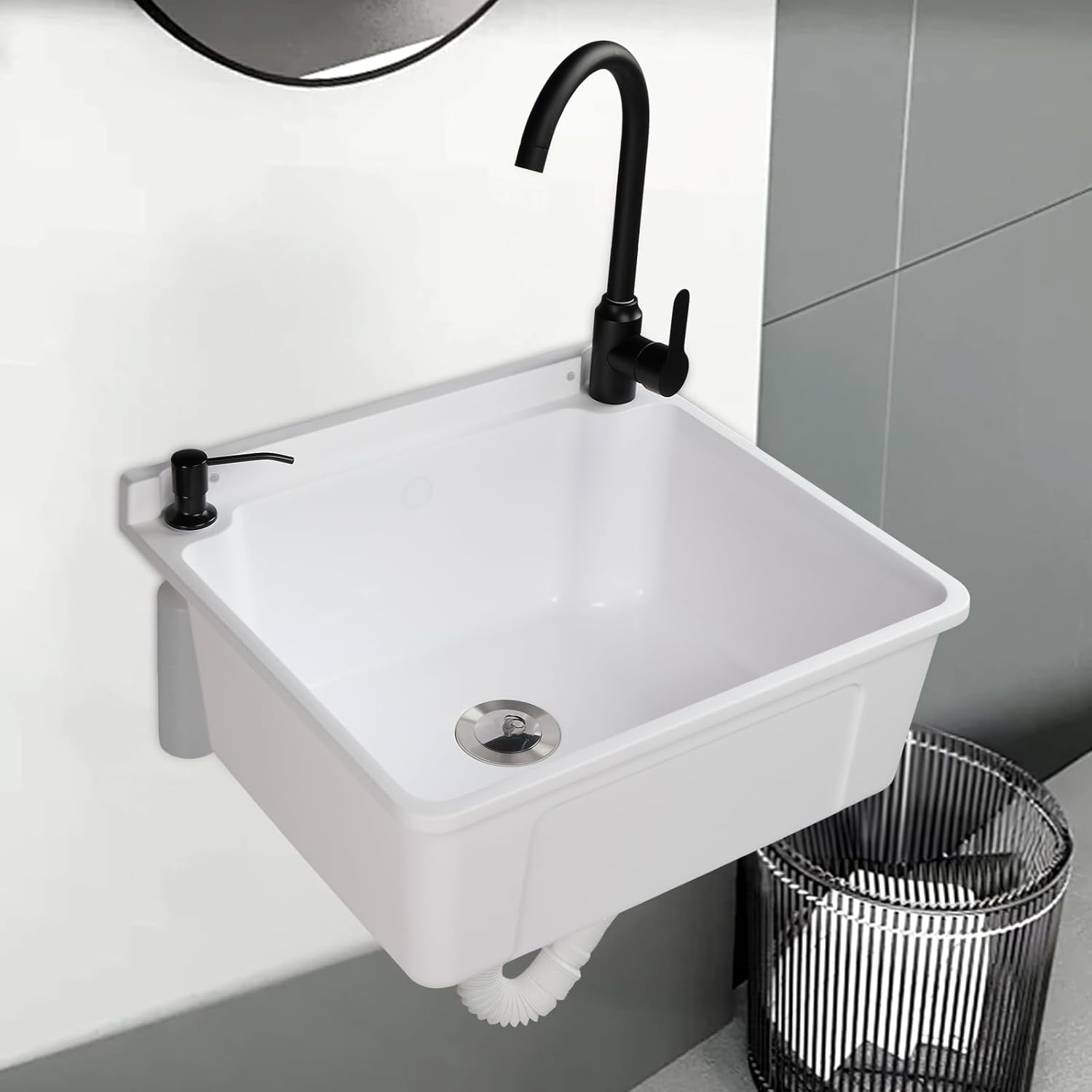 ROVSUN Plastic Wall-Mounted Utility Sink, Wall-Mounted Utility Tub with Wall Bracket, Hot&Cold Faucet, Drain Plug, Perfect for Basement, Laundry Room, Garage or Shop and More, Black