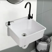 ROVSUN Plastic Wall-Mounted Utility Sink, Wall-Mounted Utility Tub with Wall Bracket, Hot&Cold Faucet, Drain Plug, Perfect for Basement, Laundry Room, Garage or Shop and More, Black