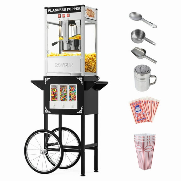 ROVSUN Popcorn Machine with Cart, Wheels & 10 Oz Kettle Makes Up to 4 Gallons ETL Certified, Popcorn Maker w/Candy Dispensers, Scoop, Oil Spoon & 3 Popcorn Cups for Commercial Home Theater, Red