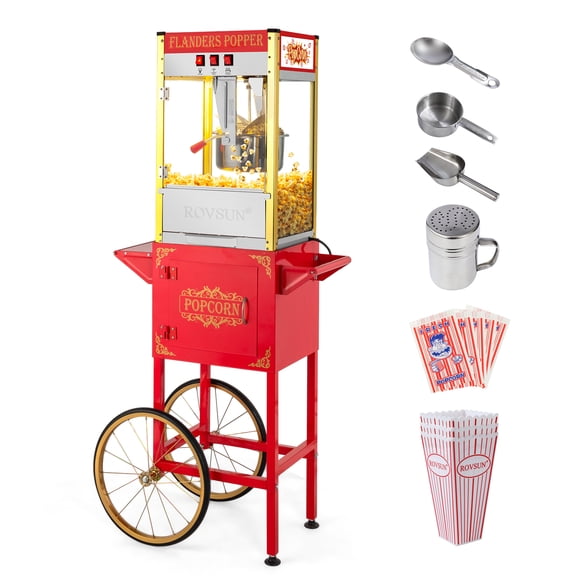 ROVSUN Popcorn Machine with Cart, Wheels & 10 Oz Kettle Makes Up to 4 Gallons ETL Certified, Popcorn Maker w/Candy Dispensers, Scoop, Oil Spoon & 3 Popcorn Cups for Commercial Home Theater, Red