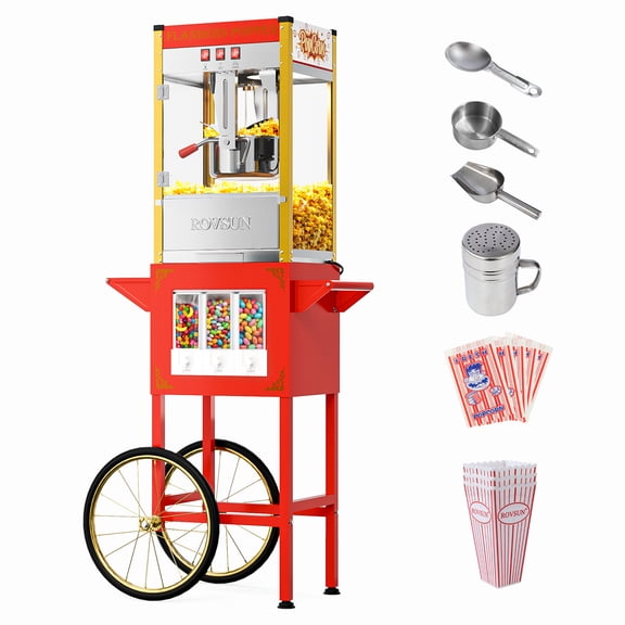 ROVSUN Popcorn Machine with Cart, Wheels & 10 Oz Kettle Makes Up to 4 Gallons ETL Certified, Popcorn Maker w/Candy Dispensers, Scoop, Oil Spoon & 3 Popcorn Cups for Commercial Home Theater, Red