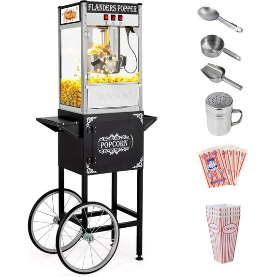 ROVSUN Popcorn Machine Movie Theater Style with Cart & Wheels, 10 Ounce Kettle Makes Up to 4 Gallons Popcorn Maker with Popcorn Scoop, Oil Spoon, Popcorn Cups & Bags for Commercial Home, 850W