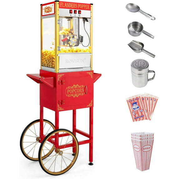 ROVSUN Popcorn Machine Movie Theater Style with Cart & Wheels, 10 Ounce Kettle Makes Up to 4 Gallons Popcorn Maker with Popcorn Scoop, Oil Spoon, Popcorn Cups & Bags for Commercial Home, 850W