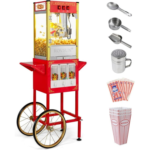 ROVSUN Popcorn Machine Movie Theater Style with Cart & Wheels, 8 Ounce Kettle Makes Up to 32 Cups Popcorn Maker with Candy Dispensers Scoop Oil Spoon & 3 Popcorn Cups for Commercial Home, 850W