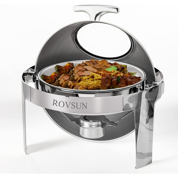 ROVSUN Roll Top Chafing Dish Buffet Set,6 Quart Round Stainless Steel Chafer for Catering,Buffet Servers and Warmers Set with Glass Window for Wedding, Parties