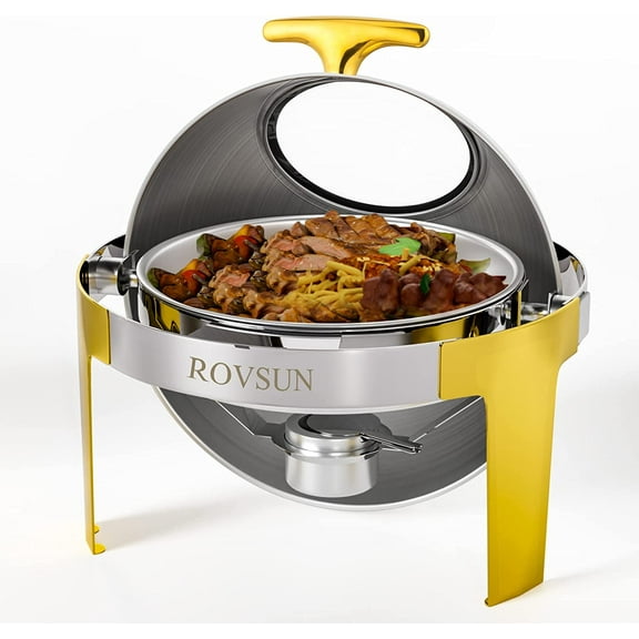 ROVSUN Roll Top Chafing Dish Buffet Set Gold Accent,6 Quart Round Stainless Steel Chafer, Buffet Servers and Warmers Set Warming Tray with Glass Window for Wedding, Parties, Banquet, Events