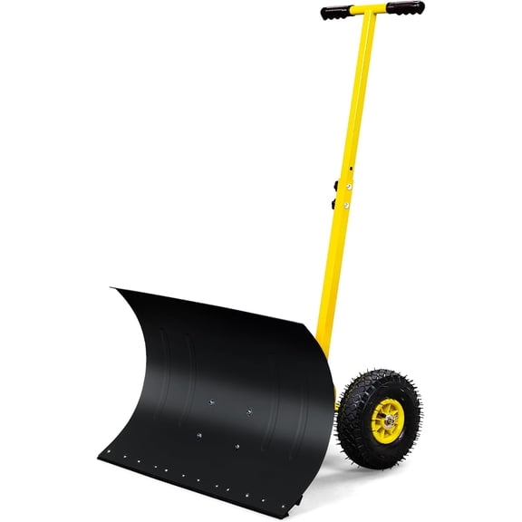 ROVSUN Wheeled Snow Pusher Shovel, 29" Ergonomic Adjustable T‑Handle Heavy‑Duty Rolling Snow Plow, Angle‑Adjustable for Snow Removal (White & Yellow)