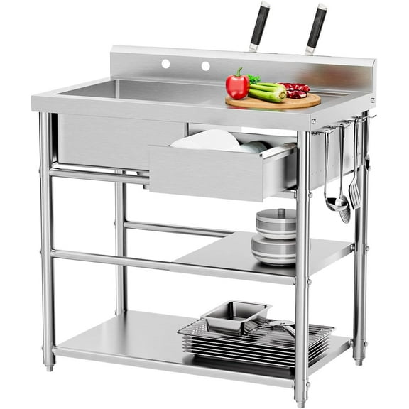 ROVSUN Utility Sink with Drawer, Stainless Steel Kitchen Sink, Freestanding Single Bowl Sink w/Storage, Pegboard & Hanging Hook for Commercial, Indoor, Outdoor Use, 36.22 L  21.46 W  38.78 H