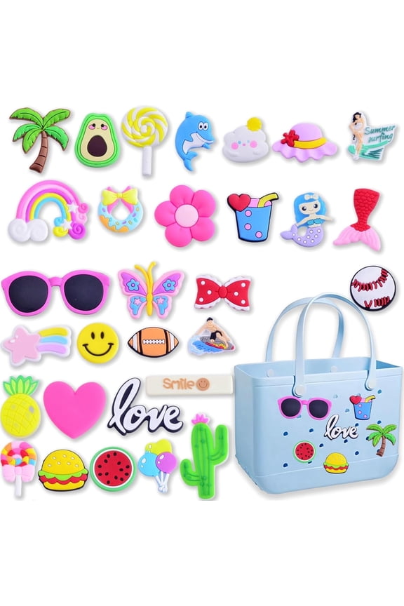 30Pcs Cute Bag Charms, DIY Letter Flower Baseball Decoration Accessories, Fashion Charm Ornaments for Beach Tote Handbag Daily Decor