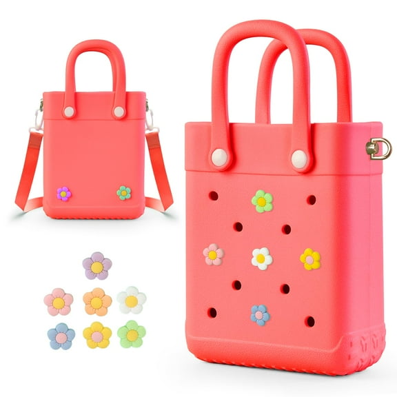 ROVTIULI Mini Crossbody Rubber Tote Bag with 7 Charms X-Small Rubber Beach Bag for Little Girls and Woman