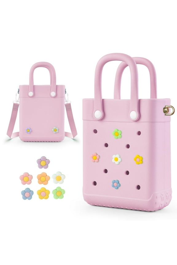 Mini Crossbody Rubber Tote Bag with 7 Charms X-Small Rubber Beach Bag for Little Girls and Woman