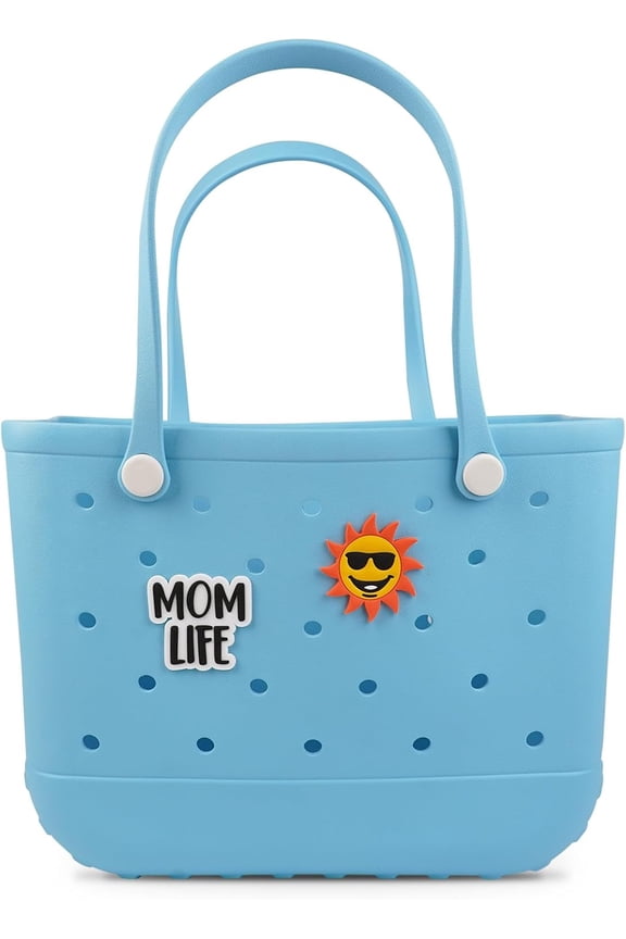 Women Waterproof Mid Beach Tote Bag, Rubber Travel Handbag with Charms for Pool, Sports, Gym & Grocery Shopping