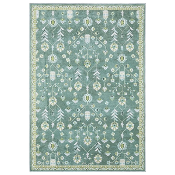 ROW by Oriental Weavers Addison ADD08 - Machine Washable - Flat Weave - Printed Area Rug - 9'10" x 12' - in Teal/ Green - Traditional Style, Living Room, Family Room, Dining Room Rug