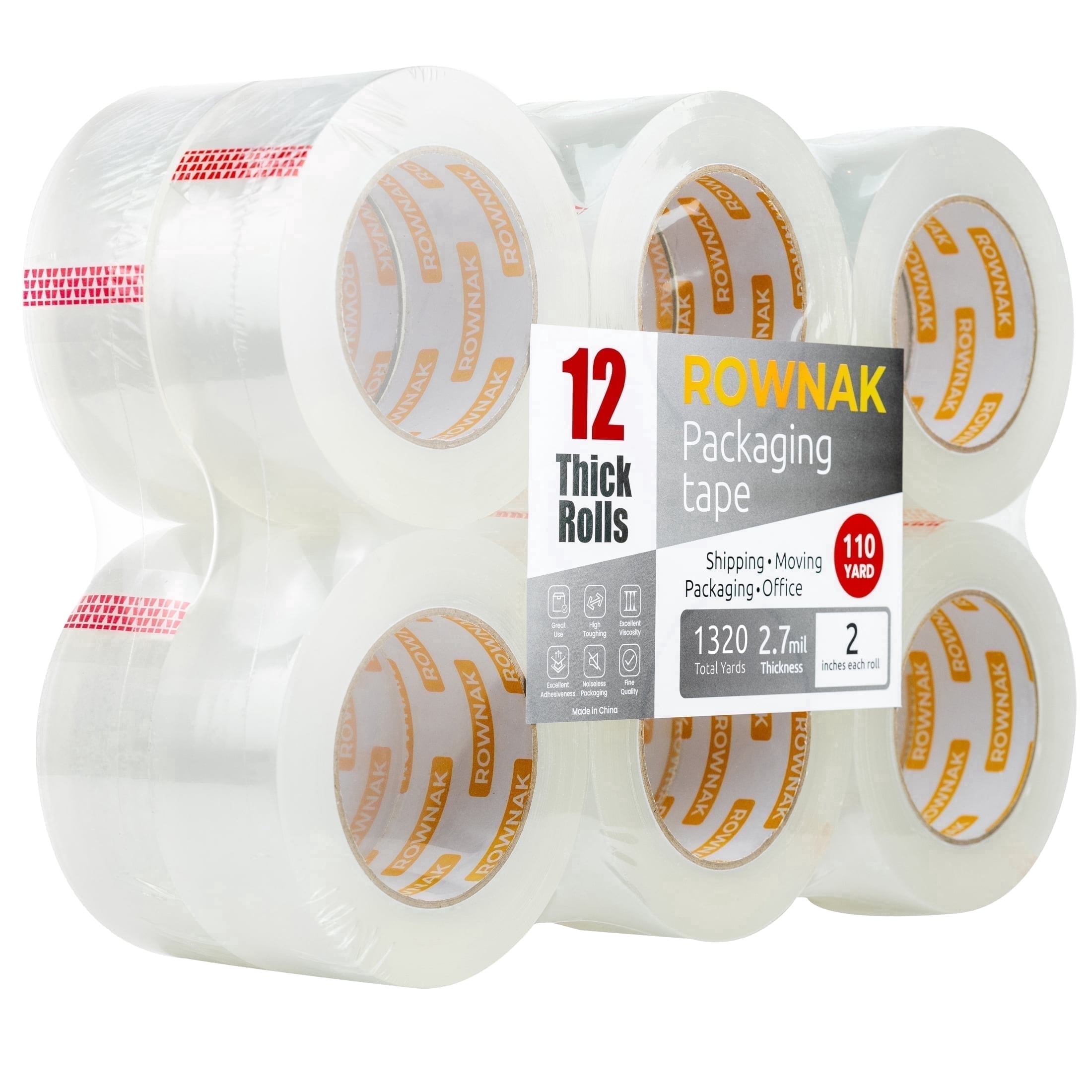 ROWNAK Clear Heavy Duty Packaging Tape- 12 Rolls, 2.0 in.Wide x 110 Yards, 2.7mil Thick