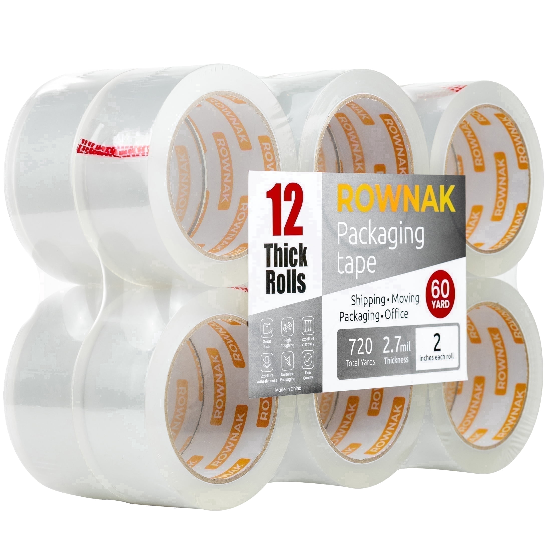 ROWNAK Heavy Duty Packaging Tape 12 Rolls - 2.7mil Thick, 2.0 in Wide, 60 Yards Roll