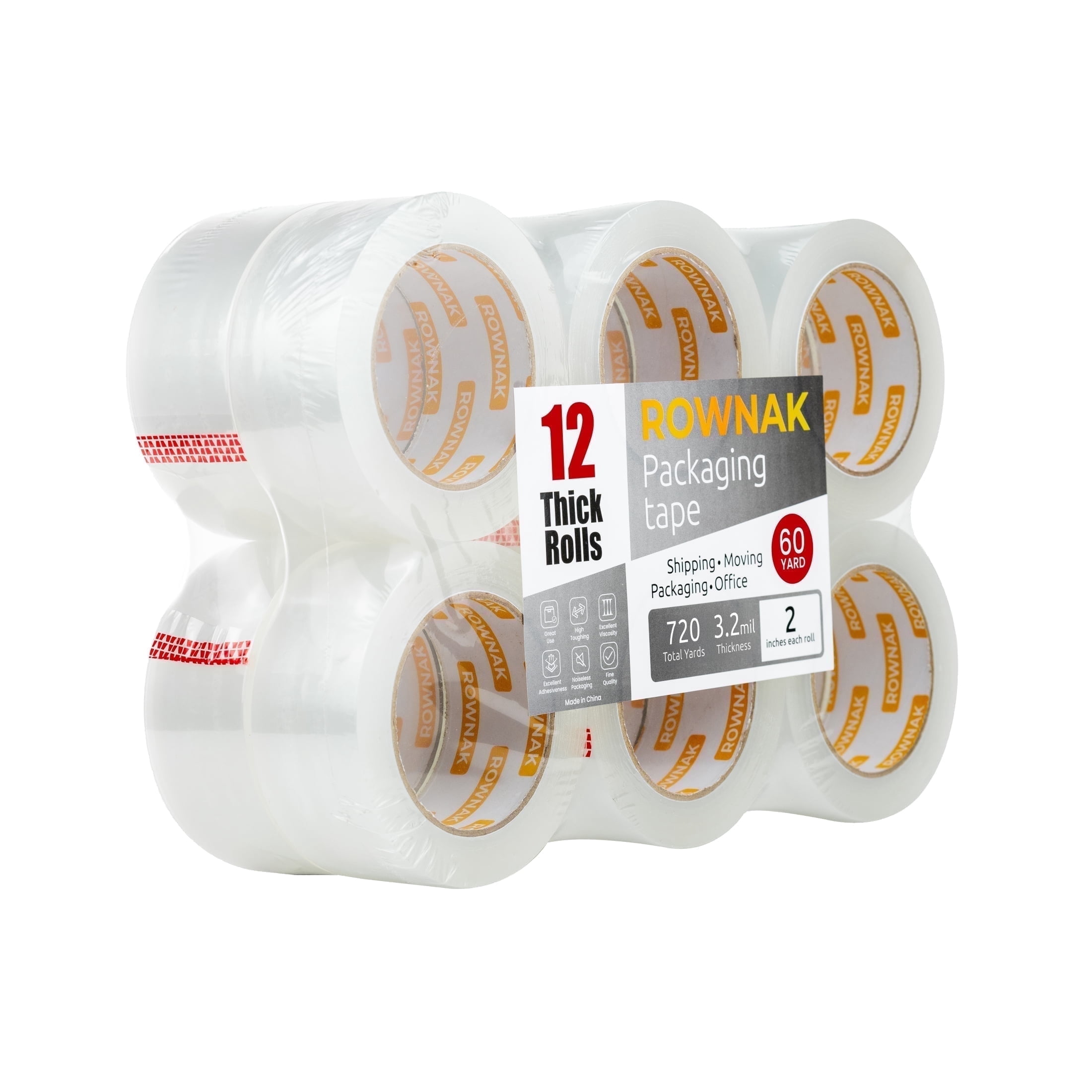 ROWNAK Clear Heavy Duty Packaging Tape- 12 Rolls, 2.0 in.Wide x 60 Yards, 3.2mil Thick